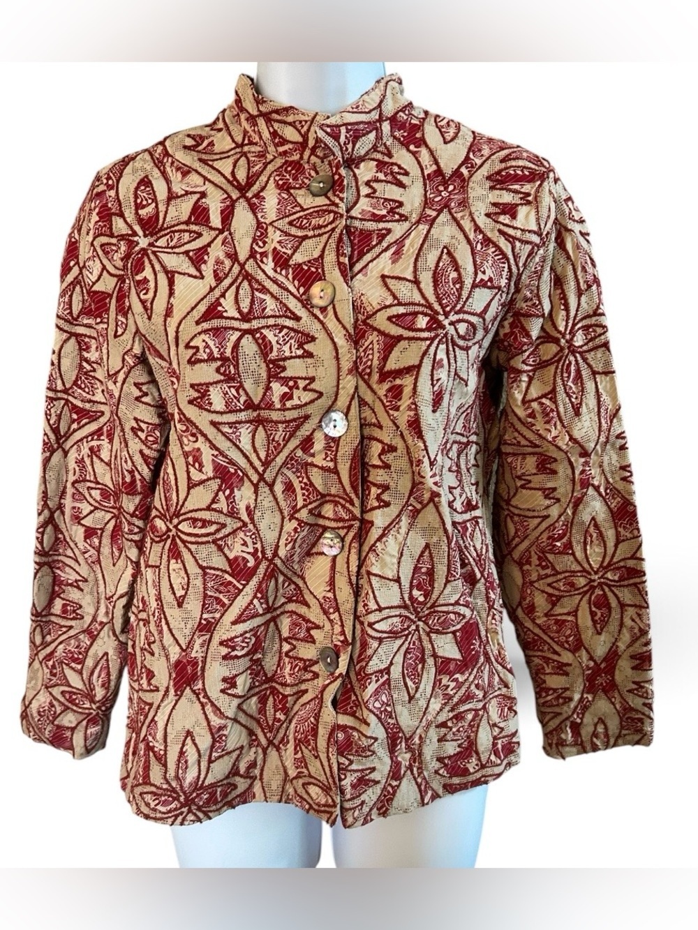 Coldwater Creek Tapestry Jacket Red Cream Embroidered Floral Boho Small